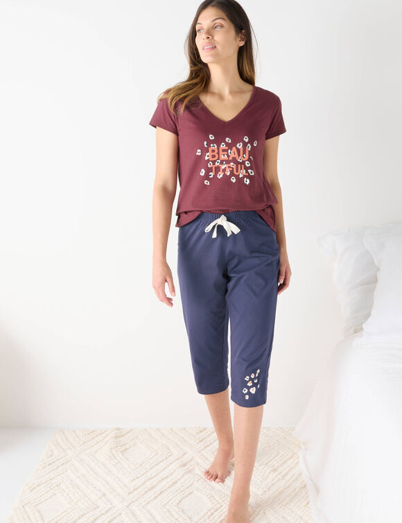 Tee-shirt manches courtes coton uni imprimé placé "Beautiful" (bordeaux) Tee-shirt manches courtes coton uni imprimé placé "Beautiful" (bordeaux)